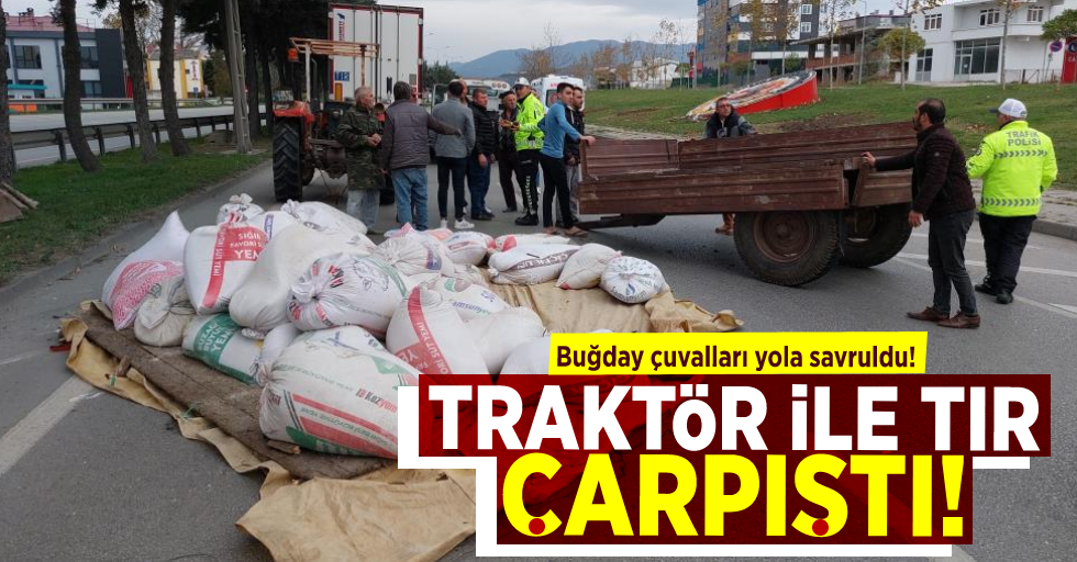 Samsun'da Traktör İle Tır Çarpıştı! Buğday Çuvalları Yola Saçıldı!