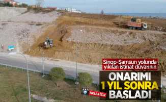 Sinop-Samsun yolunda yıkılan istinat duvarının onarımı 1 yıl sonra başladı