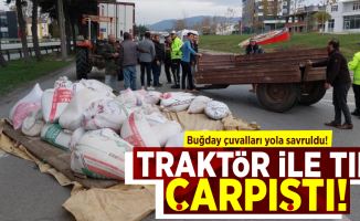 Samsun'da Traktör İle Tır Çarpıştı! Buğday Çuvalları Yola Saçıldı!