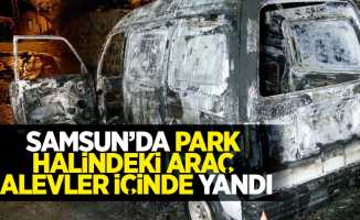 Samsun'da park halindeki araç alevler içinde yandı